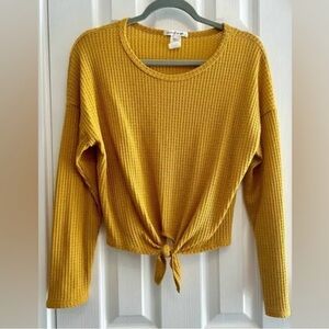 Mustard Yellow Waffle Knit Tie-Front Top